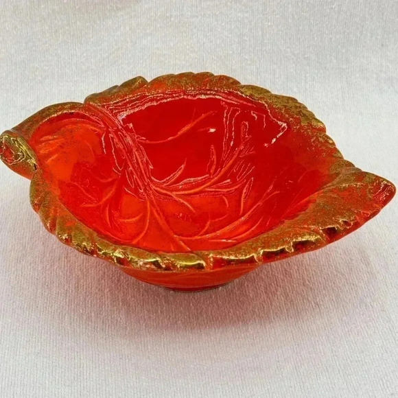 Other - Vintage California Pottery Leaf Shaped Bowl Orange #594 Gold Dust Trim USA